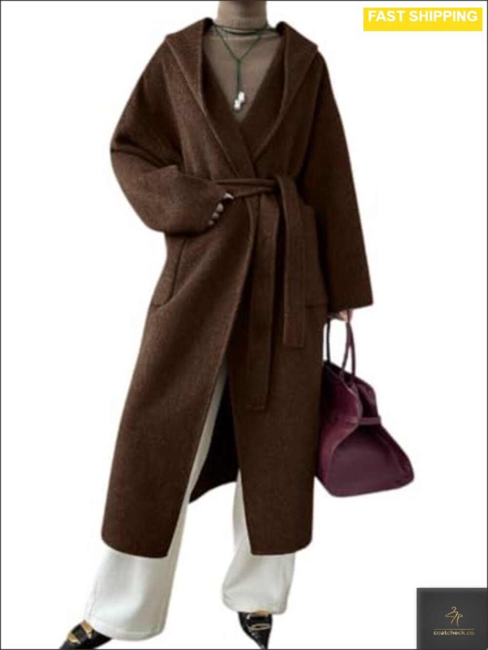 Wool Blend Pea Coat Open Front Belted Hooded Midi Winter Coat